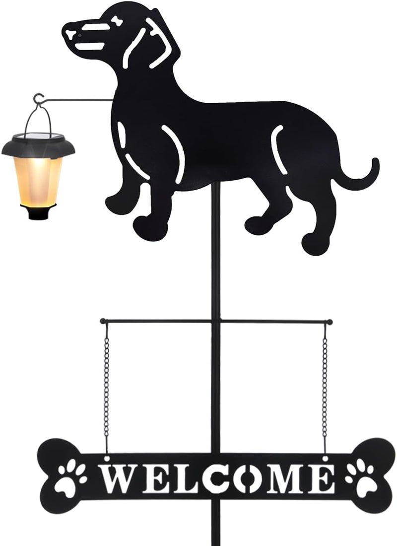 BAYN Solar Dachshund Silhouette Dog Breed Welcome Sign with a Lantern Outdoor Decorative Garden Stakes for Yard, Lawn, Patio, Pathway - Image 1